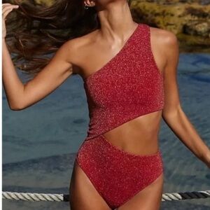 Beach Riot Celine Red Sparkle One Piece Cut Out Suit (M)
